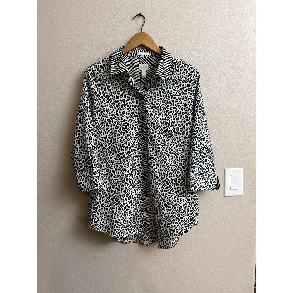 Chicos No Iron Mixed Animal Print Button Down Tunic Leopard Zebra Cotton Size 2
